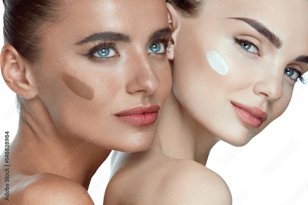 Face Cosmetics. Sexy Models With Foundation On Skin Face Cosmetics. Sexy Models With Foundation On Skin