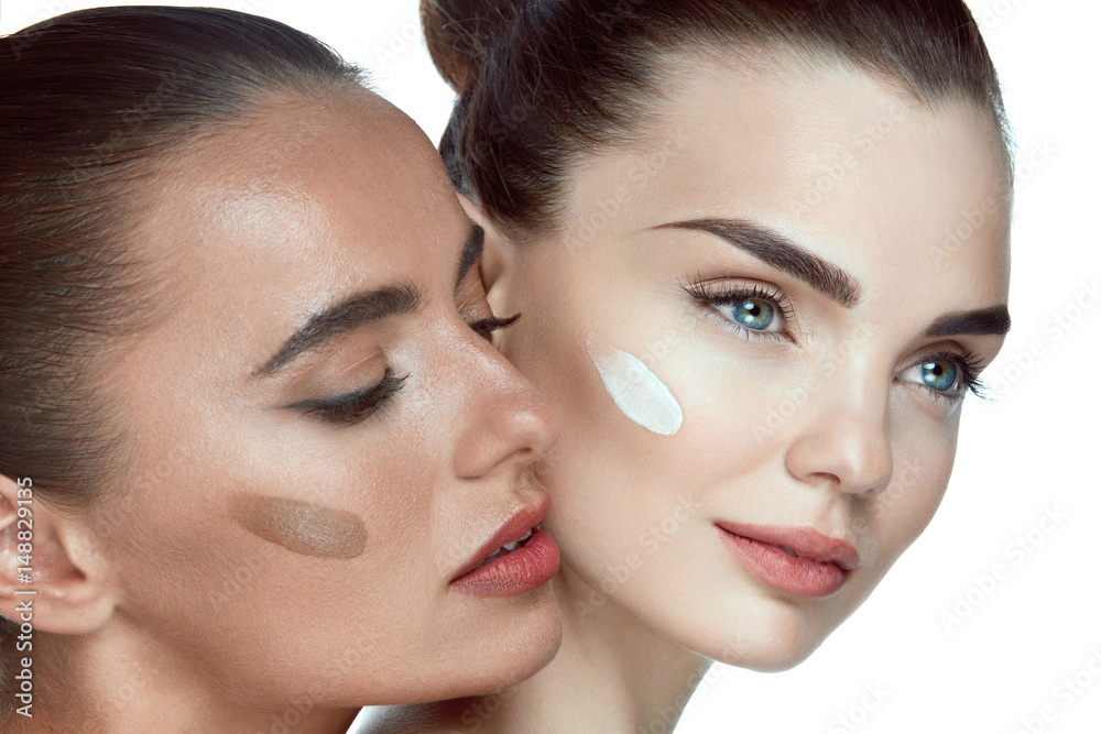 Facial Care. Beautiful Women With Foundation And Natural Makeup Facial Care. Beautiful Women With Foundation And Natural Makeup
