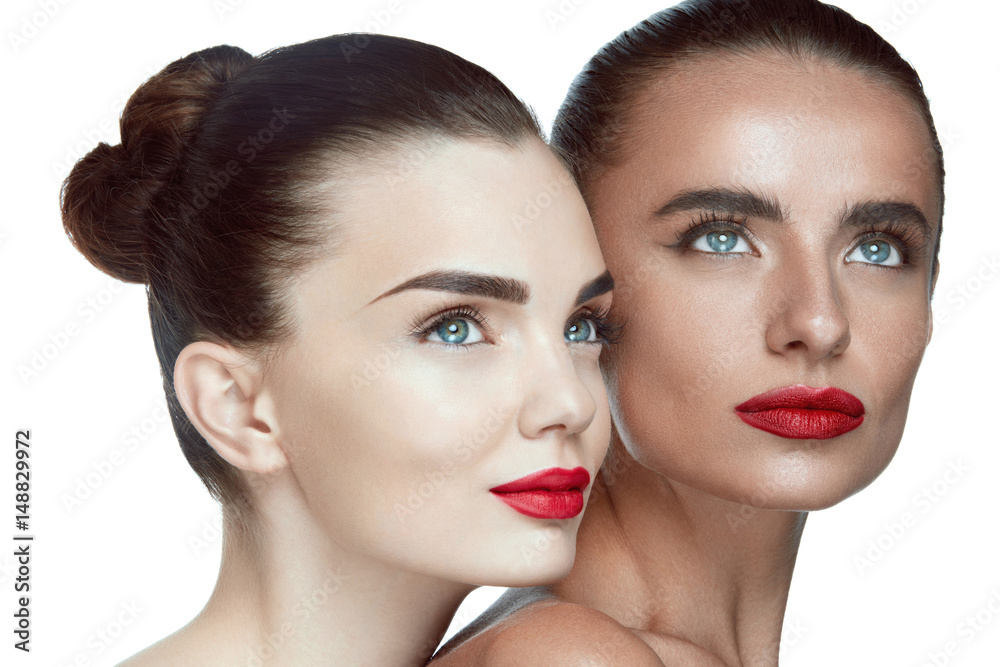 Woman Beauty Faces. Girls With Glamour Makeup And Red Lips