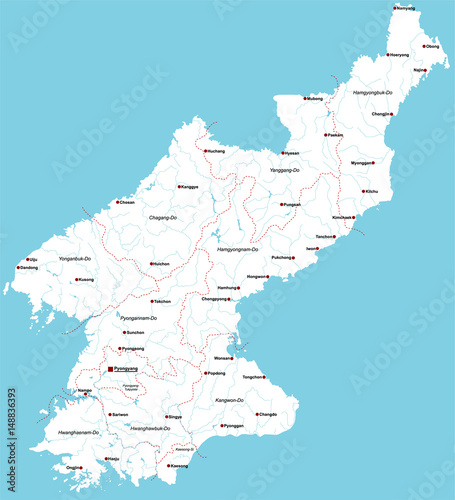 Large and detailed map of North Korea with regions and main cities.
