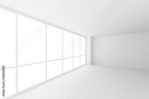Empty white business office room corner with large windows, wide angle