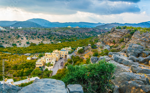 View of a small village situated on the jebel akhdar mountain in Oman. photo