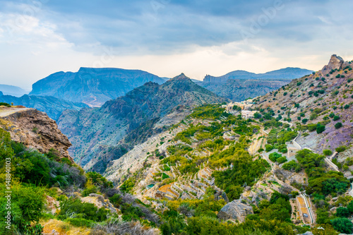 View of small rural villages situated on the saiq plateau at the jebel akhdar mountain in Oman. photo