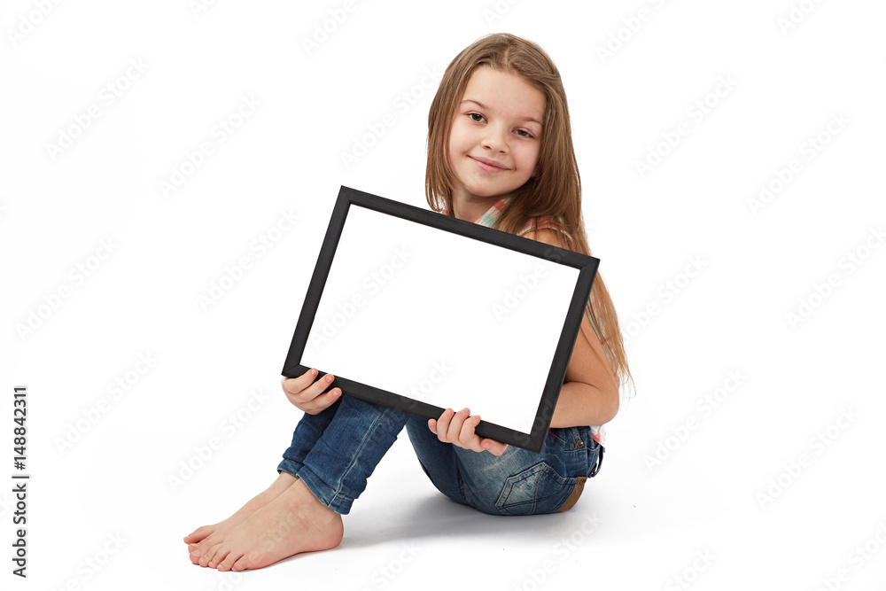 Cute girl holding a blank sign Photos Adobe Stock