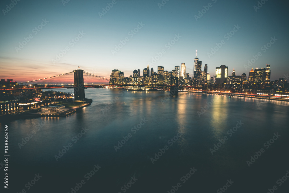 Evening Gloom around Brooklyn Bridge and Manhattan - New York