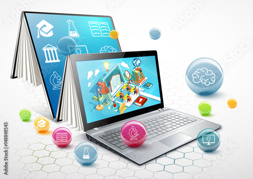 Laptop as a book. The concept of learning . Online education. Vector Illustration