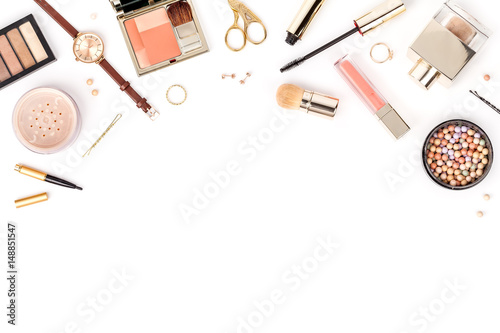 set of professional decorative cosmetics, makeup tools and accessory isolated on white background with copy space for your text. beauty, fashion and shopping concept. flat lay composition, top view