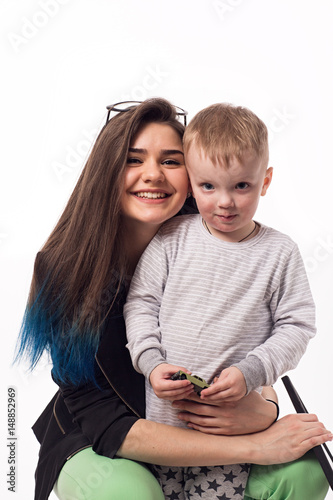 Mother and son isolated on a white background. photo