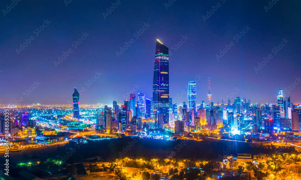 Night aerial view of the downtown Kuwait dominated by the liberation