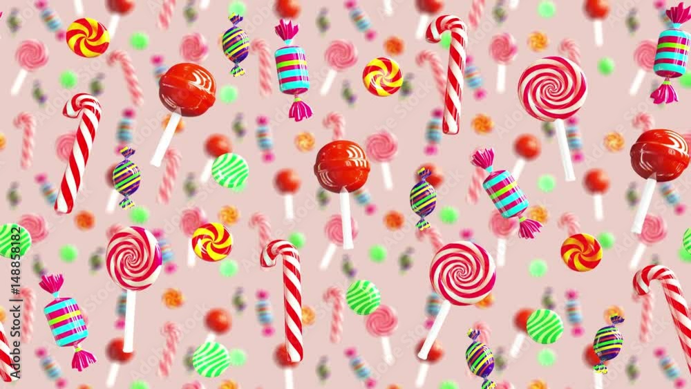Bright glamour sweet juicy candies lollipop chupa chups caramel toffee sugar move from right to left. High quality background. Candy on light pink.