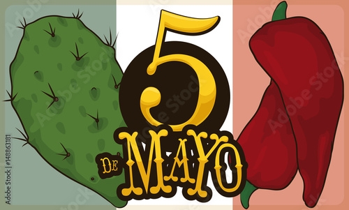 Nopal and Chili Pepper for Mexican Cinco de Mayo Celebration, Vector Illustration