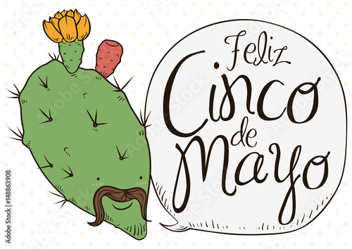 Cute Nopal Bloomed with Charro Face Celebrating Cinco de Mayo, Vector Illustration