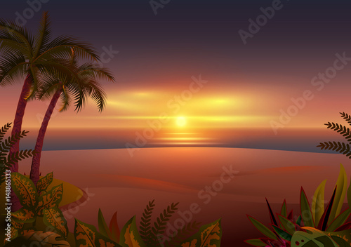 Fototapeta Naklejka Na Ścianę i Meble -  Sunset on tropical island. Palm trees, sea and beach