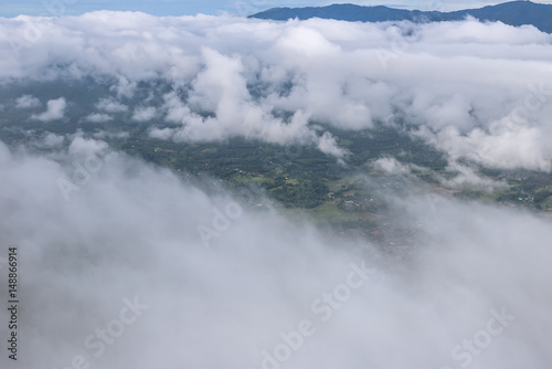 Aerial View of Village landscape and River over Clouds in Chiangdao Thailand   © rbk365