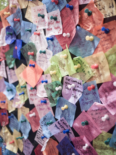 Wishes posted on a wall.