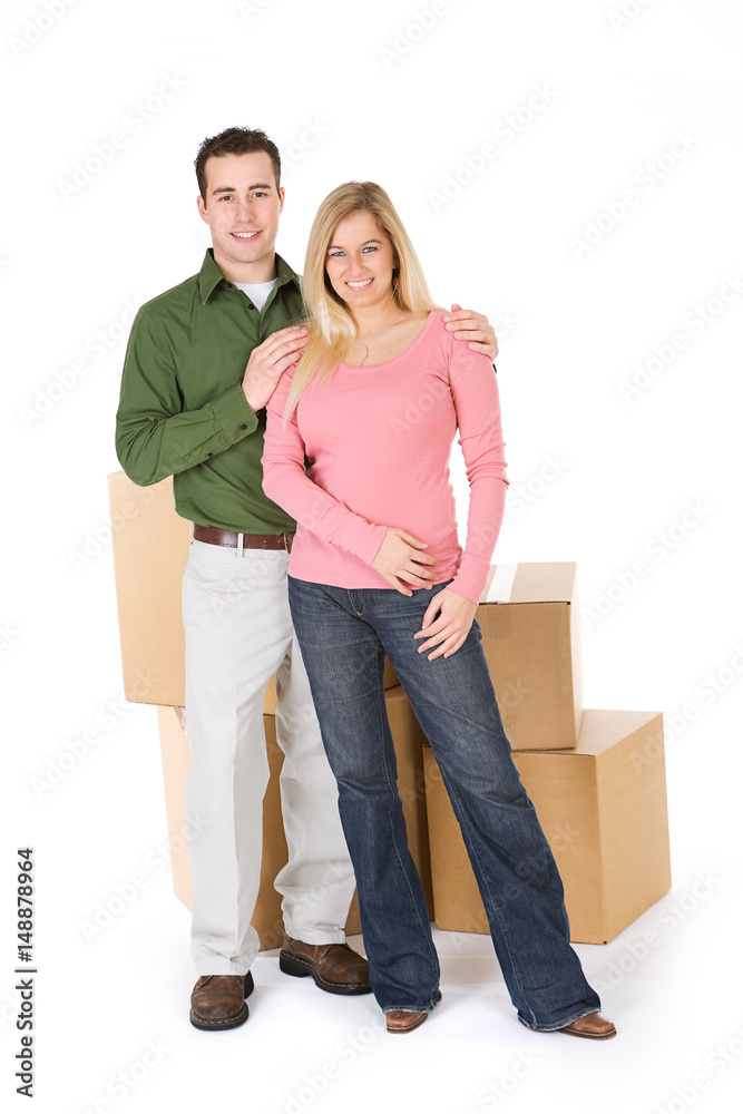 Moving: Couple with Stack of Moving Boxes Moving: Couple with Stack of Moving Boxes