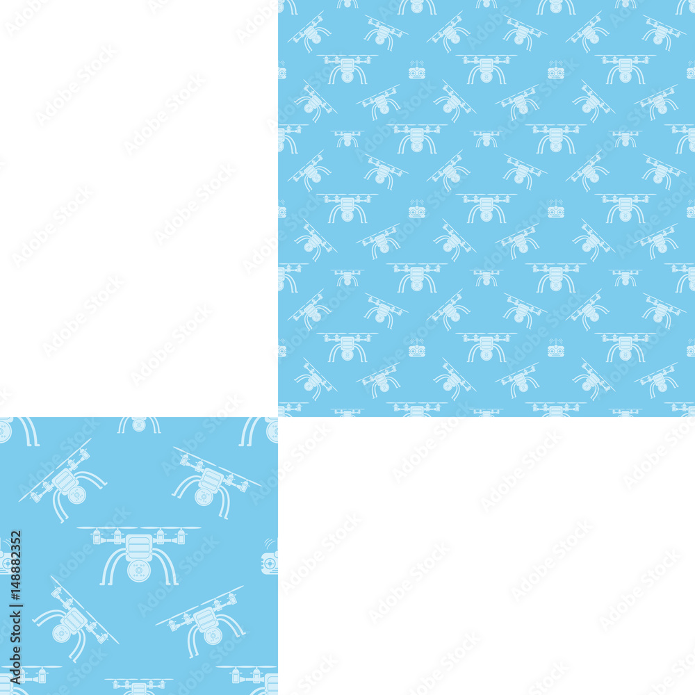 Seamless pattern of white quadrocopters on the light blue background with pattern unit. Seamless pattern of white quadrocopters on the light blue background with pattern unit.