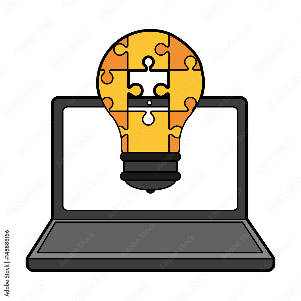 colorful silhouette laptop computer with light bulb of pieces puzzle incomplete vector illustration colorful silhouette laptop computer with light bulb of pieces puzzle incomplete vector illustration