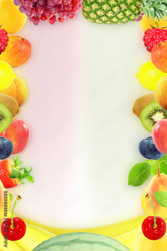 Fruit frame border on bluer background Healthy eating and dieting food concept with space for text Fruit frame border on bluer background Healthy eating and dieting food concept with space for text