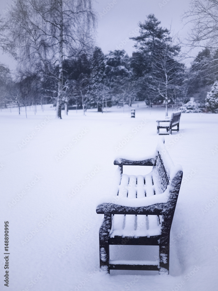 Snow covered benches in park.