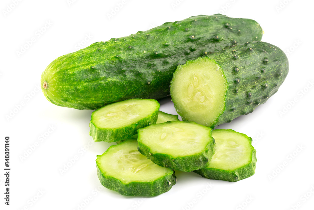 Cucumber and slices isolated on white background, close-up view Cucumber and slices isolated on white background, close-up view