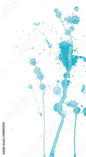 Blue watercolor splashes and blots on white background. Ink painting. Hand drawn illustration. Abstract watercolor artwork. 