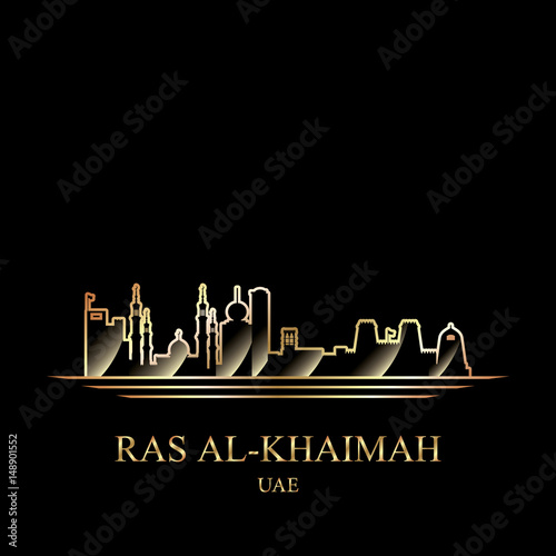 Gold silhouette of Ras al-Khaimah on black background