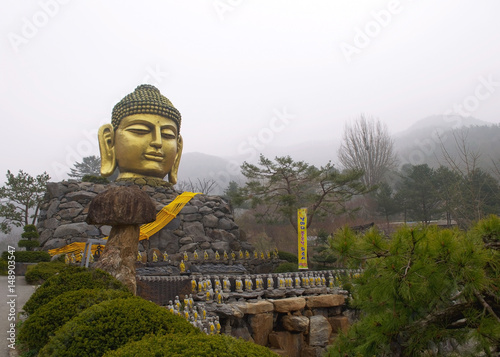 Landscape view of Big Buddha head statue in Wawoojongsa temple in Korea in spring season photo