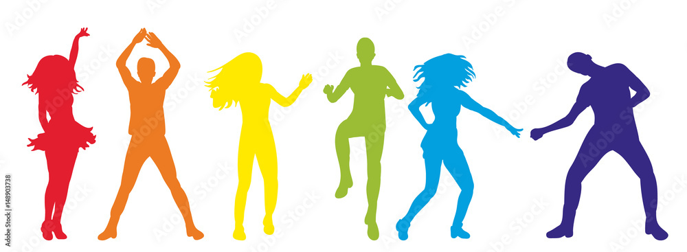 illustration of an isolated silhouette of people dancing, colorful illustration of an isolated silhouette of people dancing, colorful