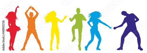  illustration of an isolated silhouette of people dancing, colorful
