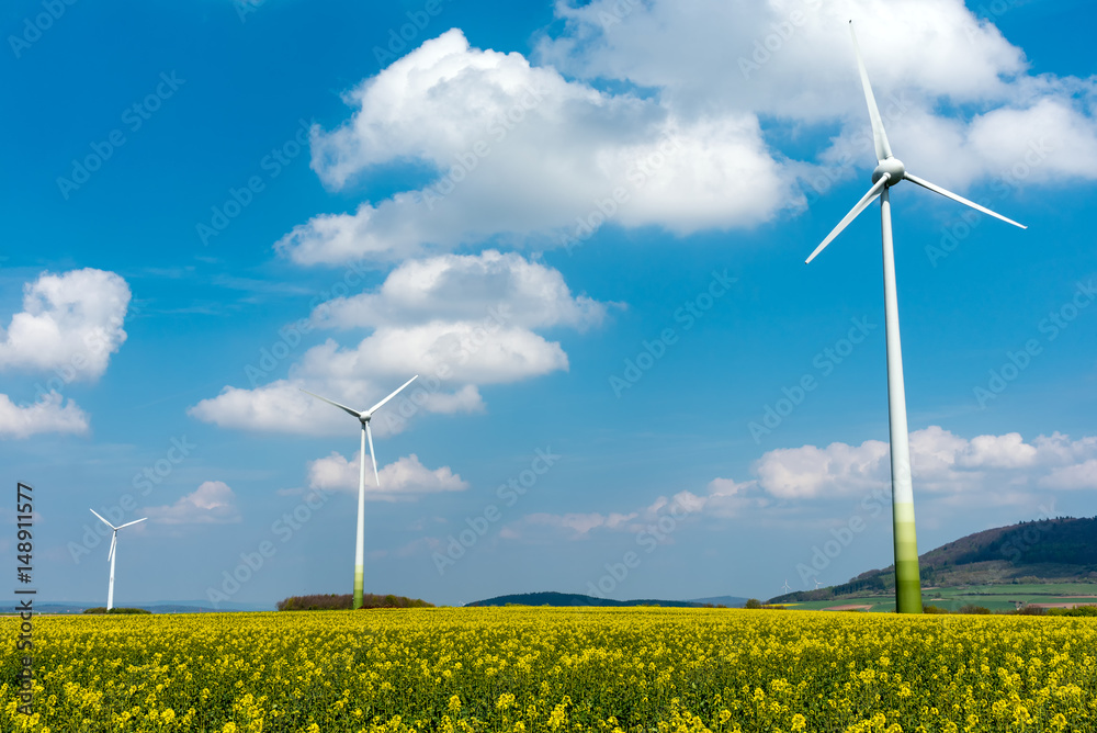 Wind engines in fields of rapeseed seen in Germany