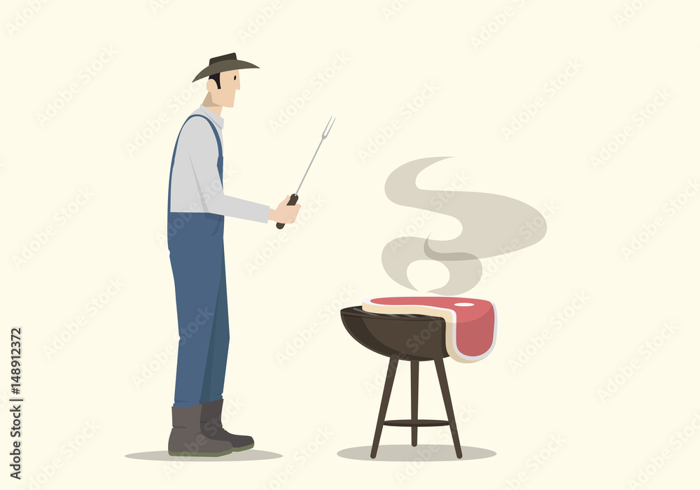Farmer Cooking Big Steak on Barbecue