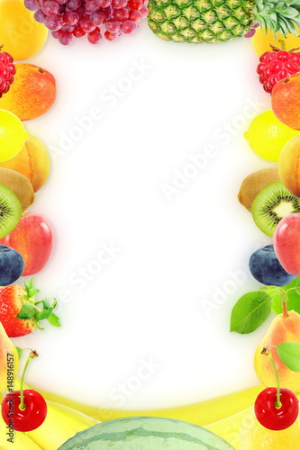 Fruit frame on white background Healthy eating and dieting food concept with space for text