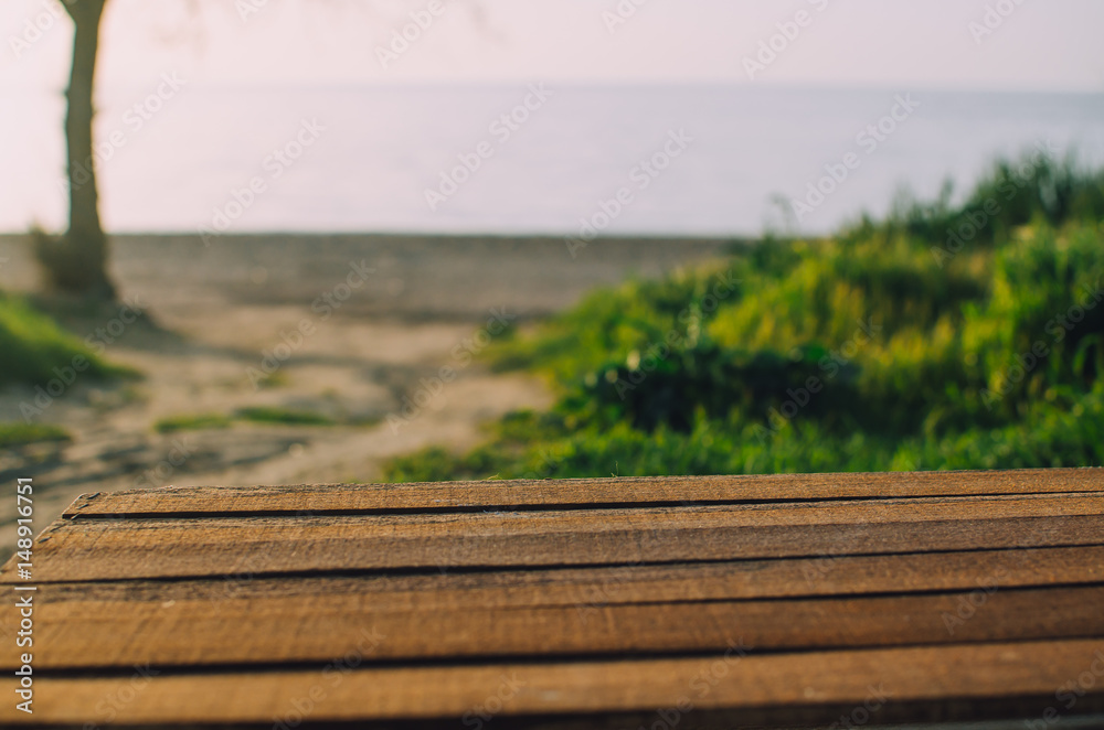 Fototapeta premium wooden floor and summer landscape of sea