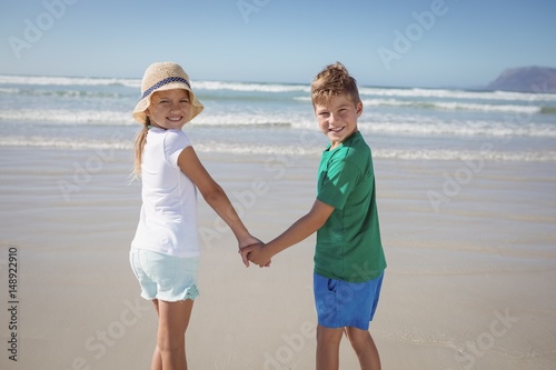 Portrait of siblings holding hands on shore at beach