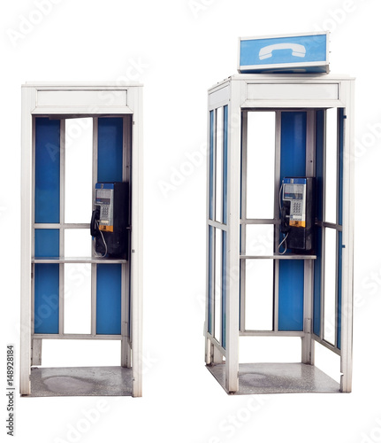 Two isolated vintage outdoor phone booths. photo
