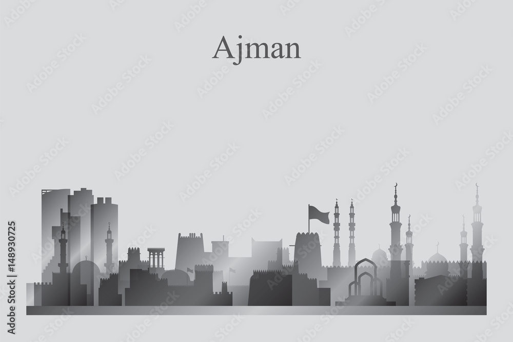 Fototapeta premium Ajman city skyline silhouette in grayscale