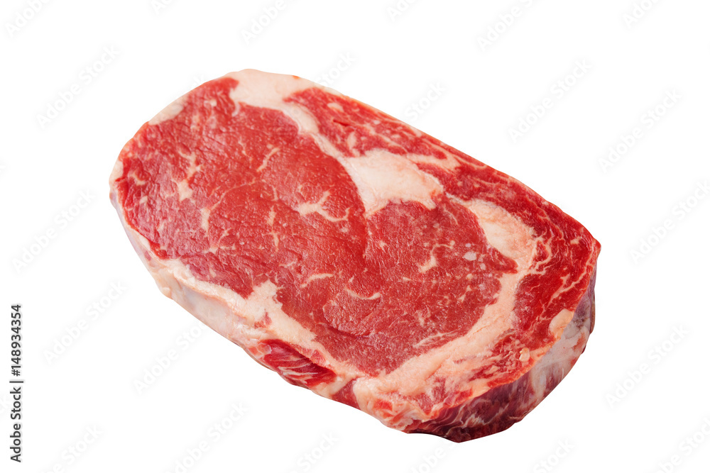 Fresh raw beef steak isolated on white. Top view. Copy space.