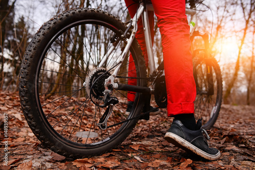 low angle view of cyclist riding mountain bike on trail at sunrise in the forest