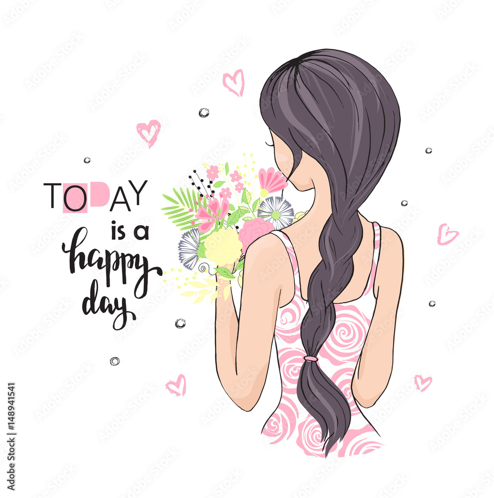 Cute girl with flowers. Today is a happy day. Vector illustration for t-shirt and other uses. Cute girl with flowers. Today is a happy day. Vector illustration for t-shirt and other uses.