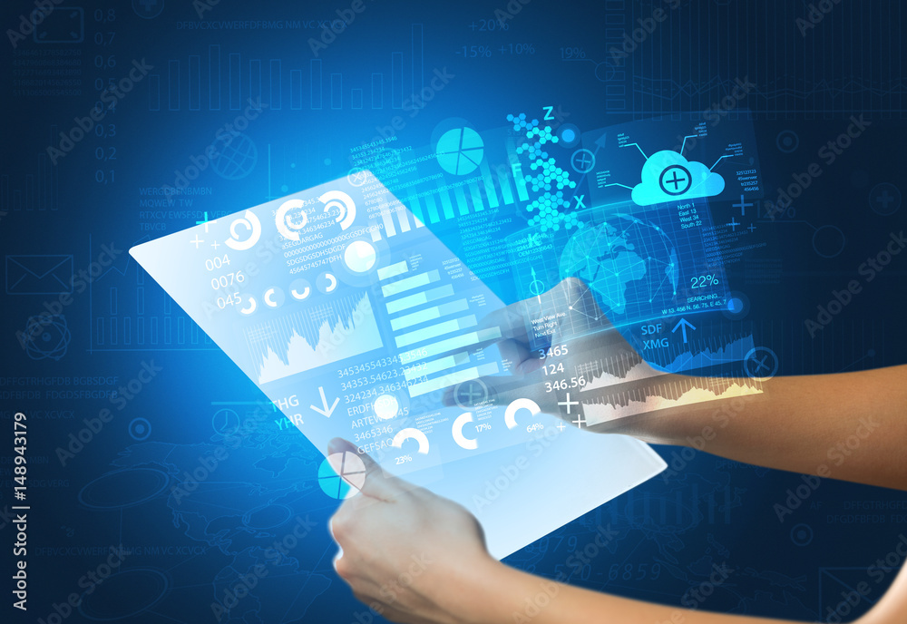 Hands touching a glass-like tablet with blue graphs Hands touching a glass-like tablet with blue graphs