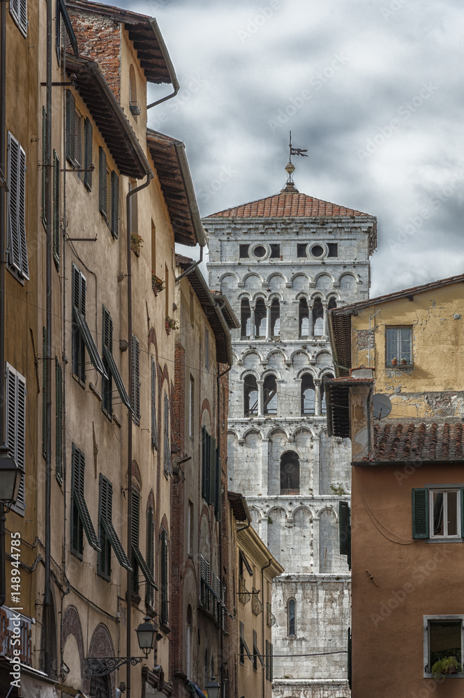 Detail of the bell tower of Saint Michael's cathedral (Italy-Tuscany-Lucca)