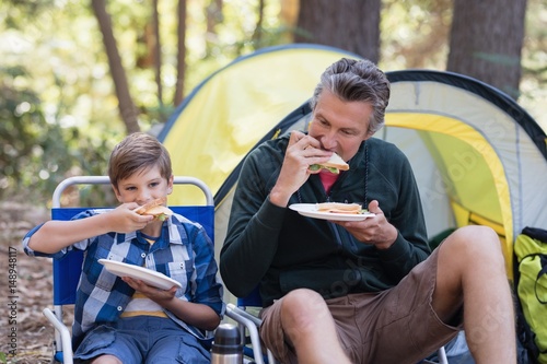 Father and son eating sandwich in forest