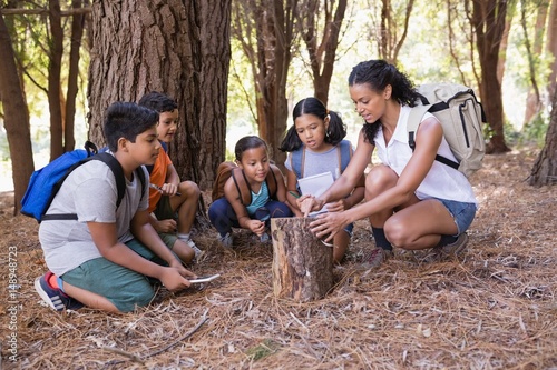 Teacher and children examing tree stump in forest