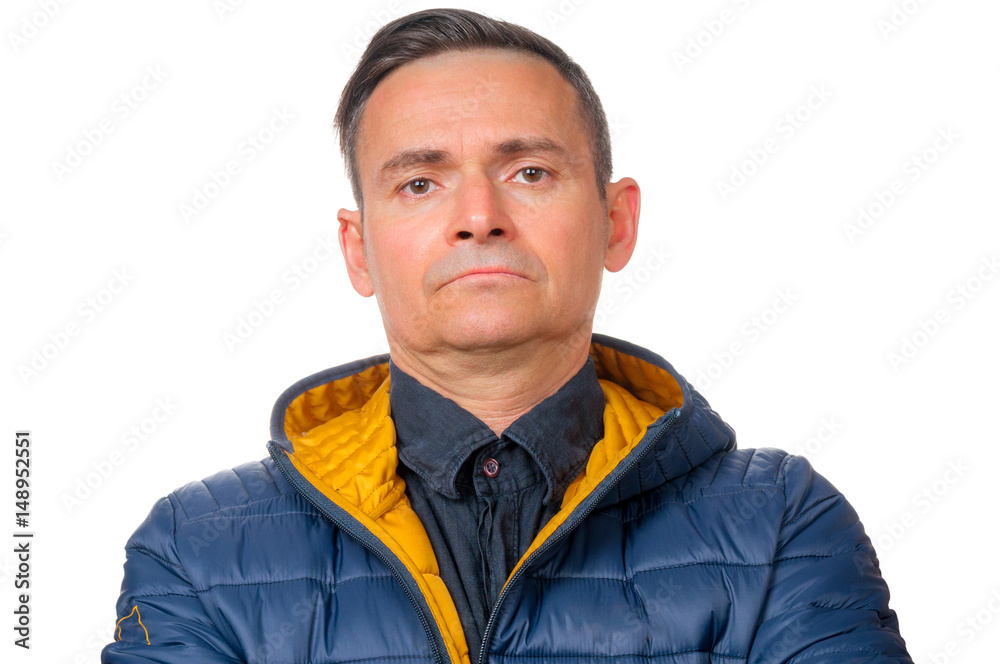 Serious man in blue coat on white background Serious man in blue coat on white background