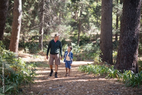 Father and son walking amidst trees in forest 