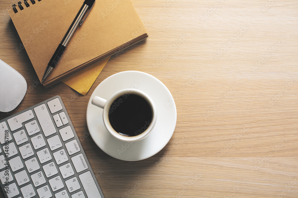 Keyboard, coffee and notepad Keyboard, coffee and notepad