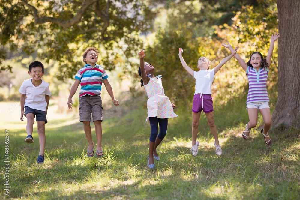 Friends jumping on grassy field in forest