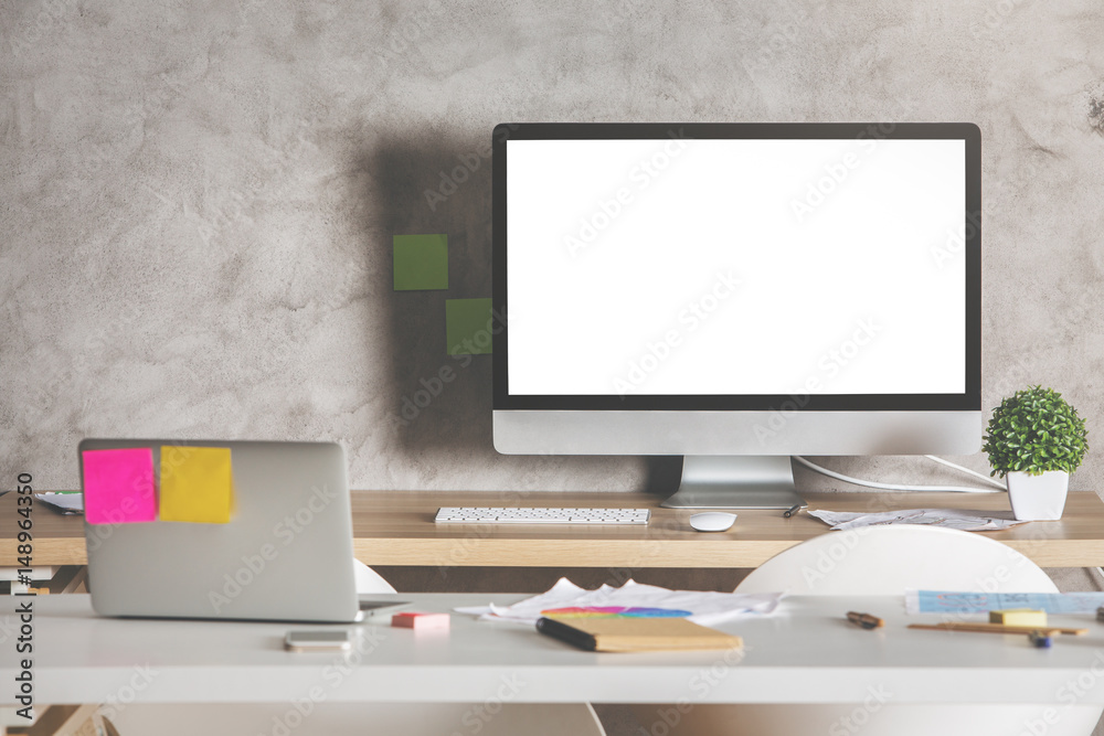 Fototapeta premium Creative designer desktop with white computer