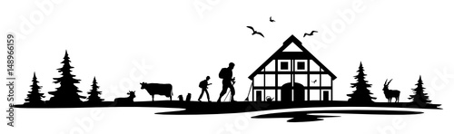 Silhouette Haus und Wanderer
